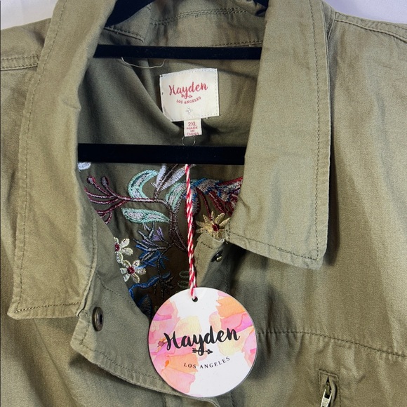 Hayden Embroidered Utility Jacket olive green Size 2x Cinch waist Snap Closure - Picture 2 of 8